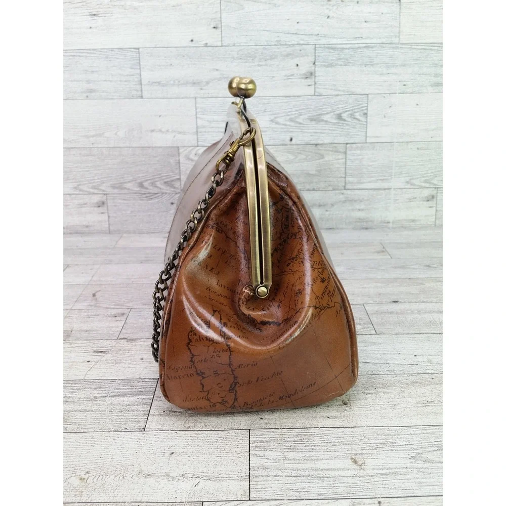 Patricia Nash Mia Leather Shoulder Bag Map Design Framed Satchel Kisslock Brown